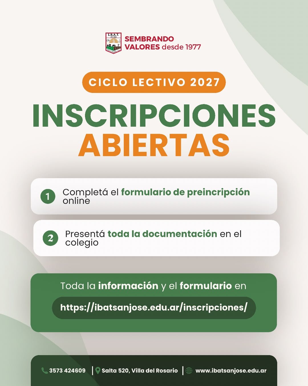 INSCRIPCIONES ABIERTAS A 1° AÑO – CICLO 2027